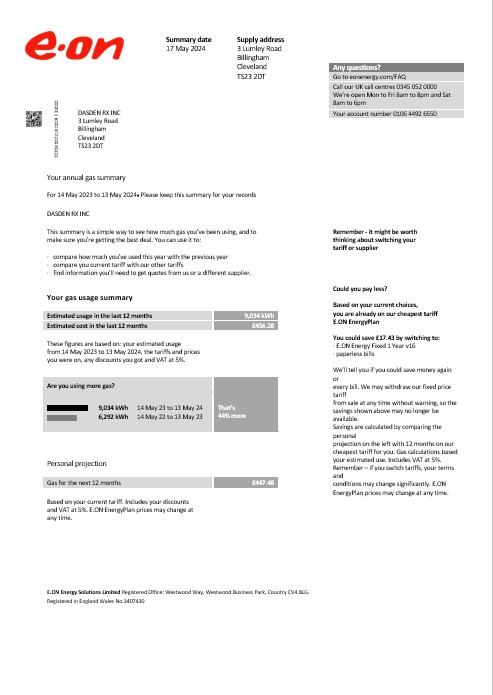 United Kingdom E.ON business utility bill template in Word and PDF formats, version 2